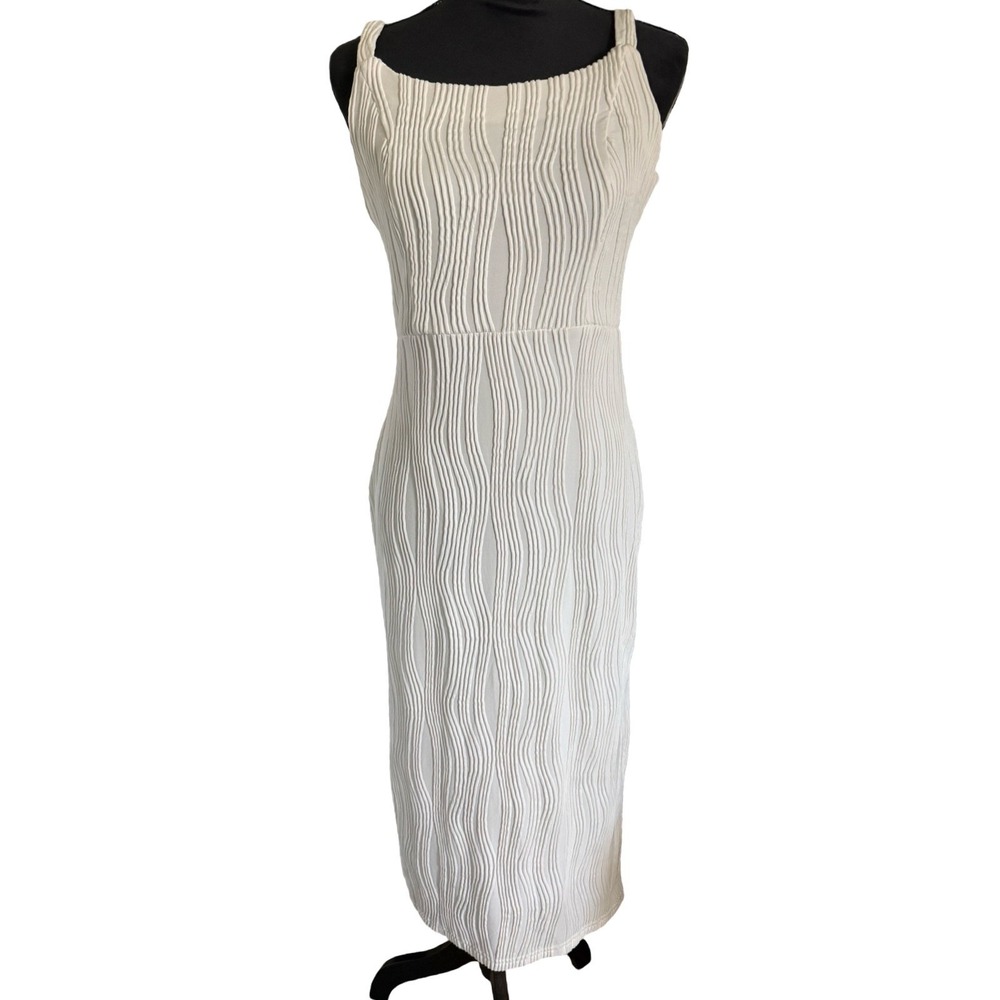 Rihoas White Wavy Ripple Textured Midi Dress Bridal Sleeveless Medium - Picture 3 of 7